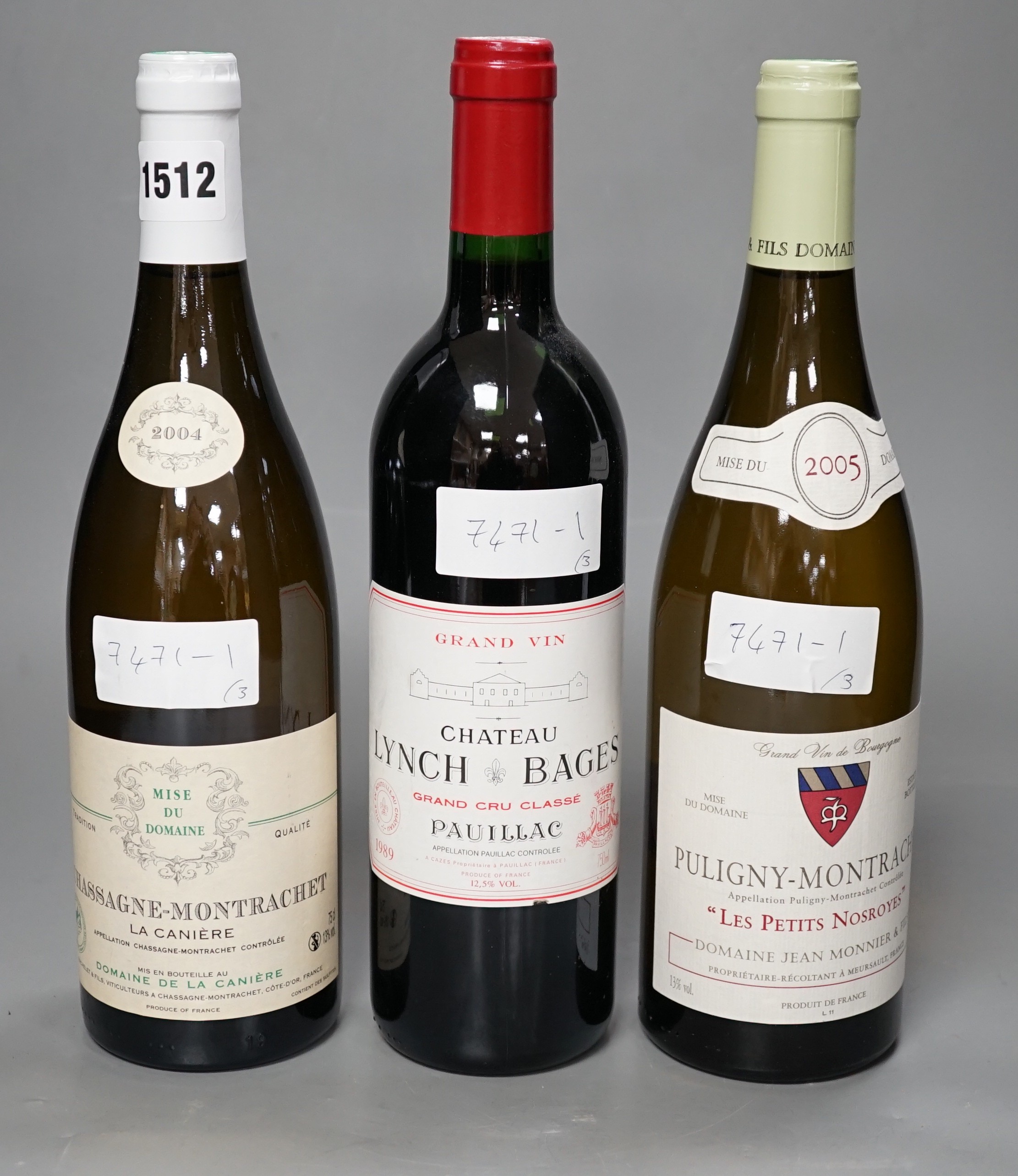 A bottle of Chateau Lynch Bages 1989, one bottle of Chassagne-Montrachet, 2004 and one Puligny Montrachet, 2005